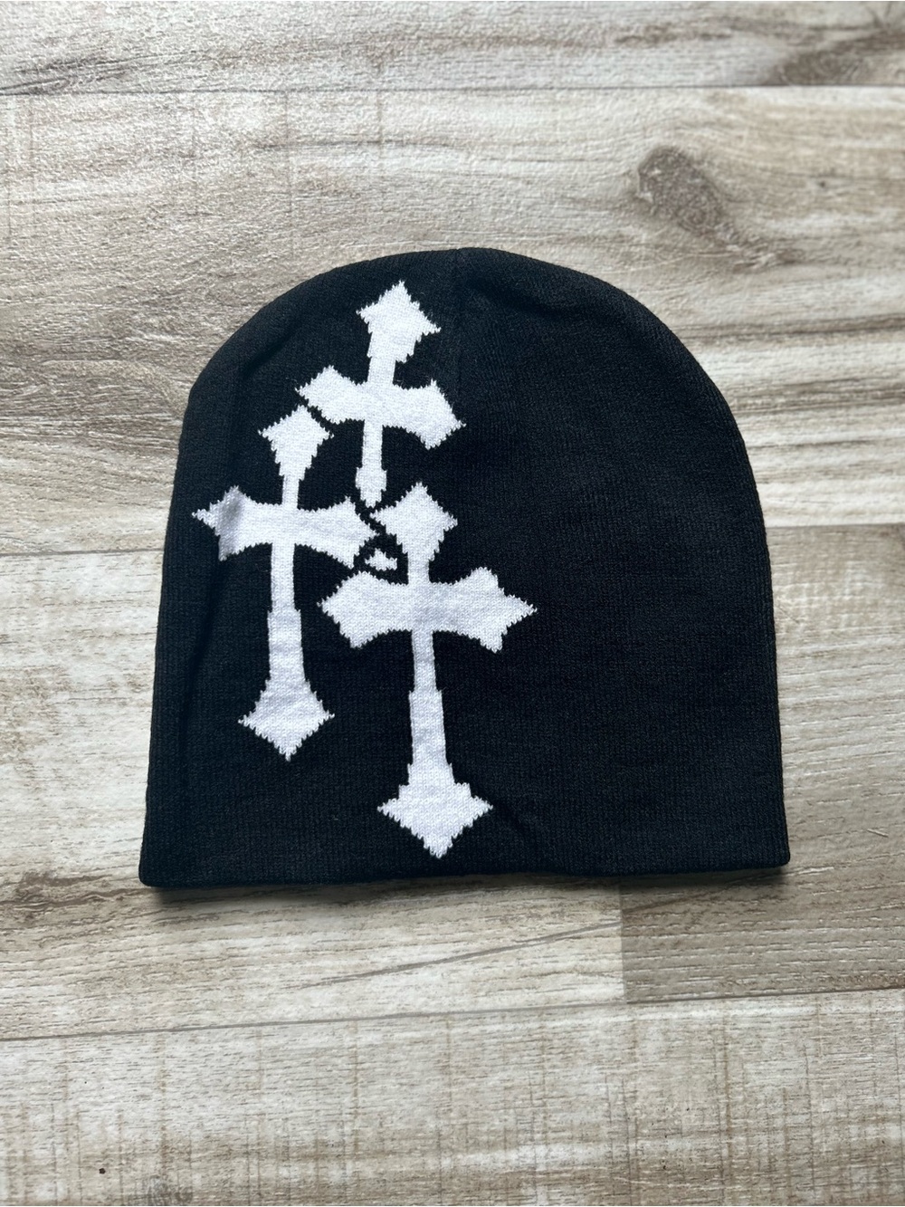 Source Unknown Black Beanie with White Cross Design